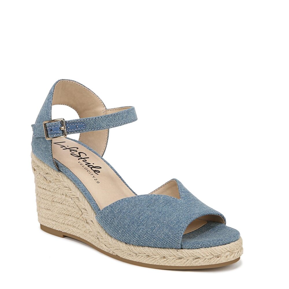 LifeStride Tess Wedge Espadrille Sandals Blue Denim 7.5 W (C)